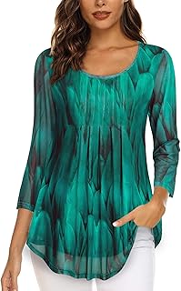 Timeson - Blusa casual de manga de 3/4 para mujer, estilo túnica, floral, de doble capa, holgada, de malla y plisada, cami...