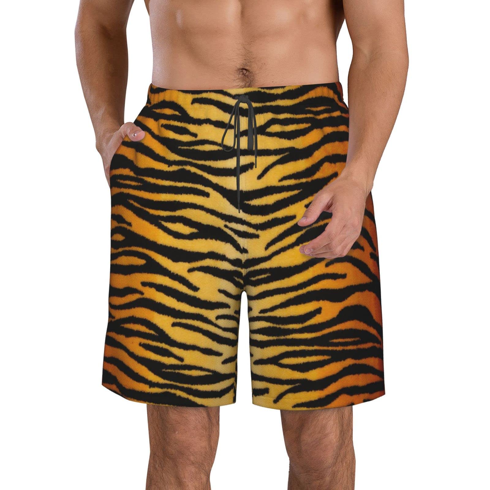Lsjuee Animal Print Tiger Black Gold Men's Beach Shorts Swim Trunks Quick Dry Lightweight Bathing Suit Swimming Shorts