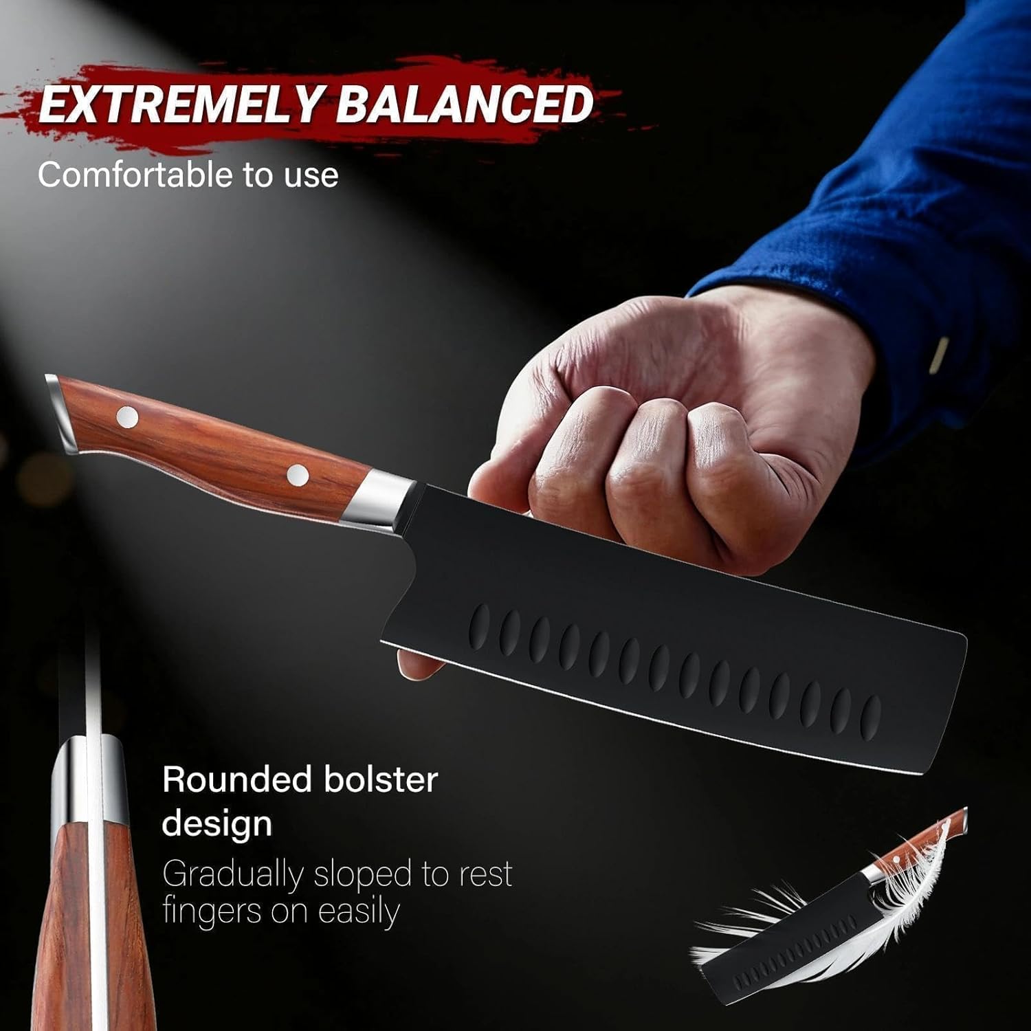 TIVOLI 3 Piece Kitchen Knife Set - High Carbon Steel Black Blade Rustproof Coating - Chef Knife Set with Ergonomic Wood Handle, Cooking Knives for Meat Vegetable Fruit, Gift Box Sharp Knives