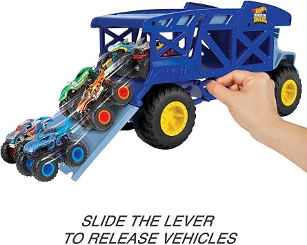 Hot Wheels Monster Trucks Rhino Rig Toy Hauler, Large-Scale Vehicle | Oversized Truck Carries & Stores 12 1:64 Scale Monster Trucks or 32 Cars, Large Yellow Horn on Hood, HFB13
