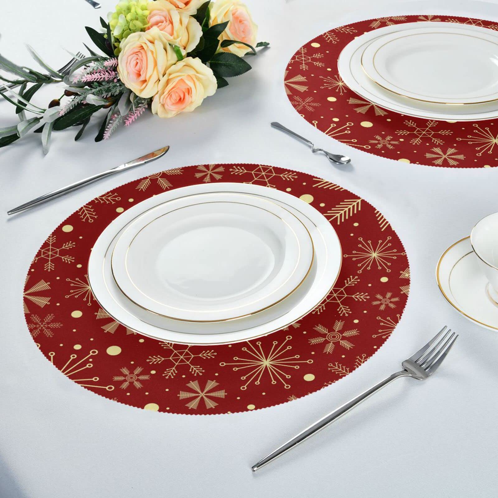 Set Di 12 Tovagliette Americane Natalizie, Rosse Con Fiocco Di Neve, Tonde In Vinile, 38 Cm, Lavabili, Anticalore, Decorazioni Per Tavolo Da Pranzo, Ideali Per Natale E Vacanze