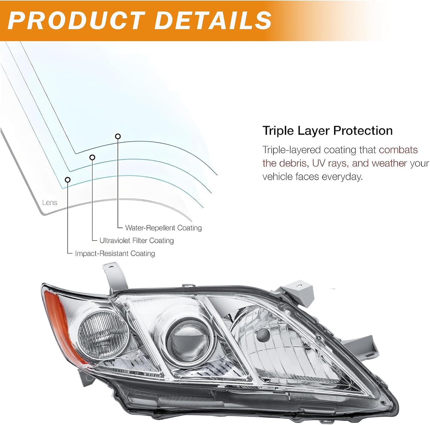 Headlight Assembly Compatible with 2007 2008 2009 Toyota Camry Base/CE/LE/XLE US Version, Chrome Housing Amber Reflector