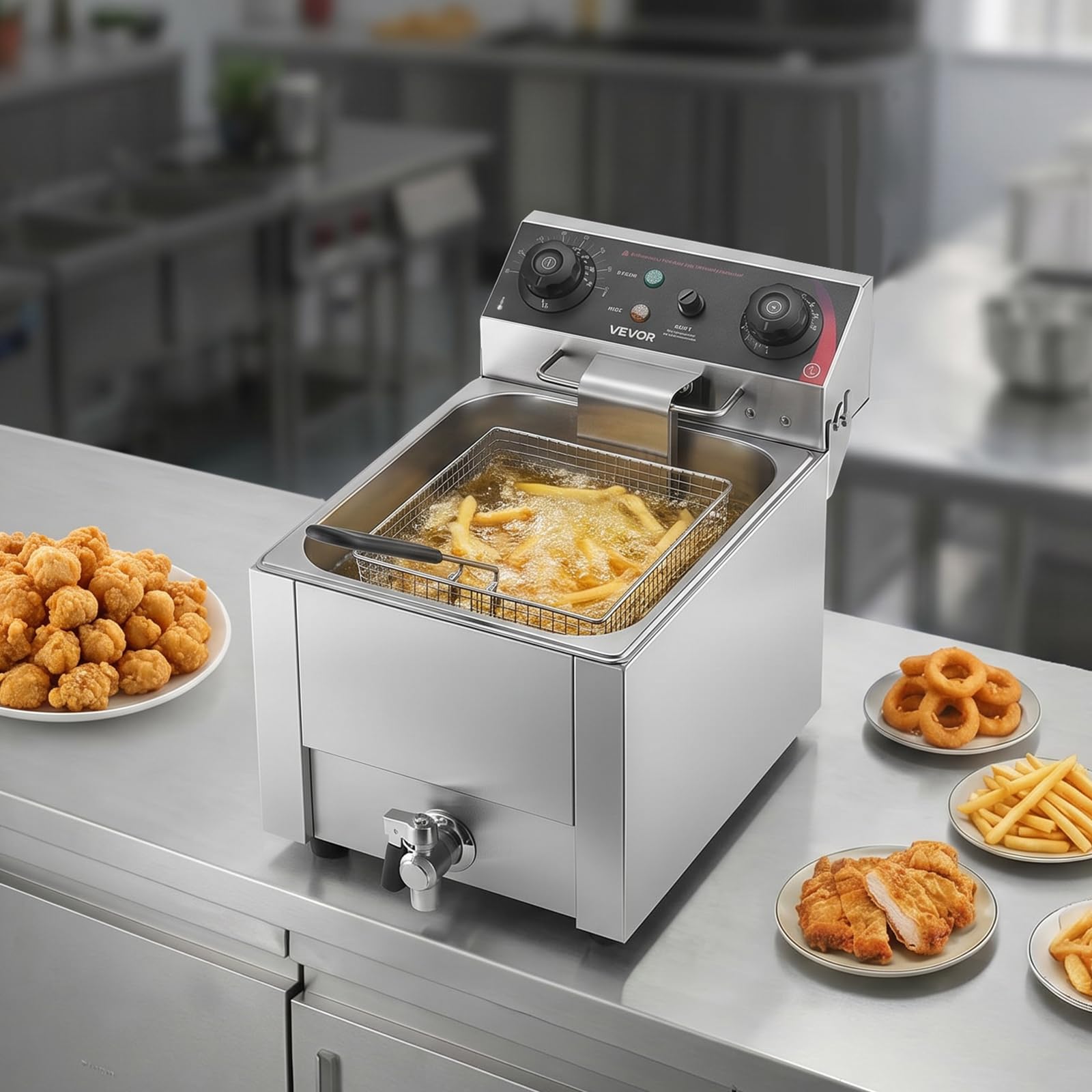 VEVOR Friggitrice Elettrica in Acciaio Inox, Friggitrice con Sistema di Filtraggio dell'Olio Capacità Olio 6,8 L 2500 W da Banco con Cestello Coperchio, Controllo Temperatura Valvola di Scarico Olio