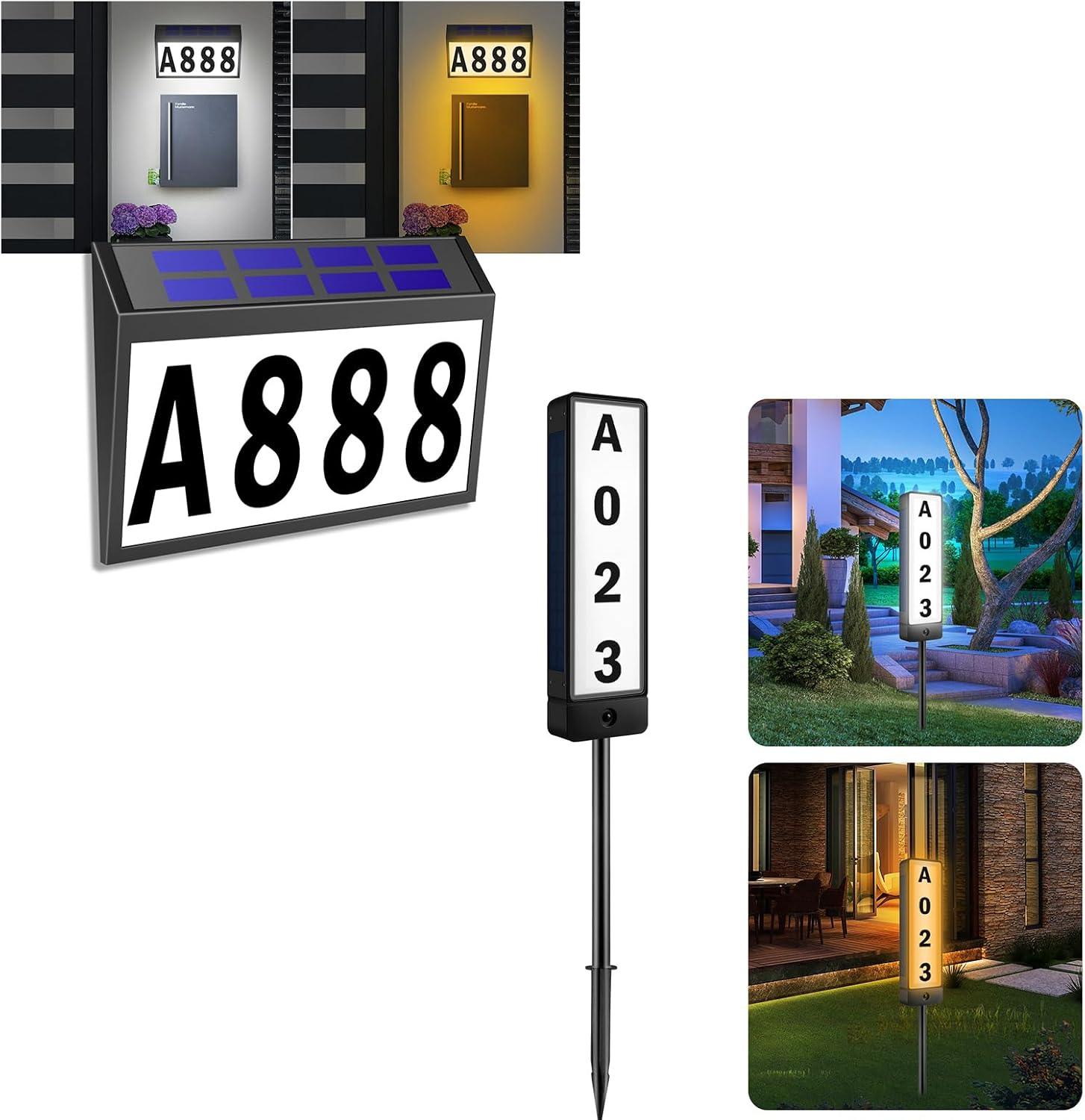 Solar House Numbers Light & Double Sided Solar Address Sign, T-SUNUS Lighted House Numbers Sign Plaque Address Numbers for Houses Mailbox Street Yard 2 Pack