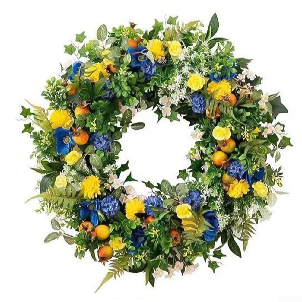Künstlicher Blumenkranz 35 cm Sommer fürDeko für Haustür Wand Fenster – Bunter Frühlingskranz aus Kunststoff als langlebiger Türkranz für Hochzeit Geburtstag Party und Garten(35CM)