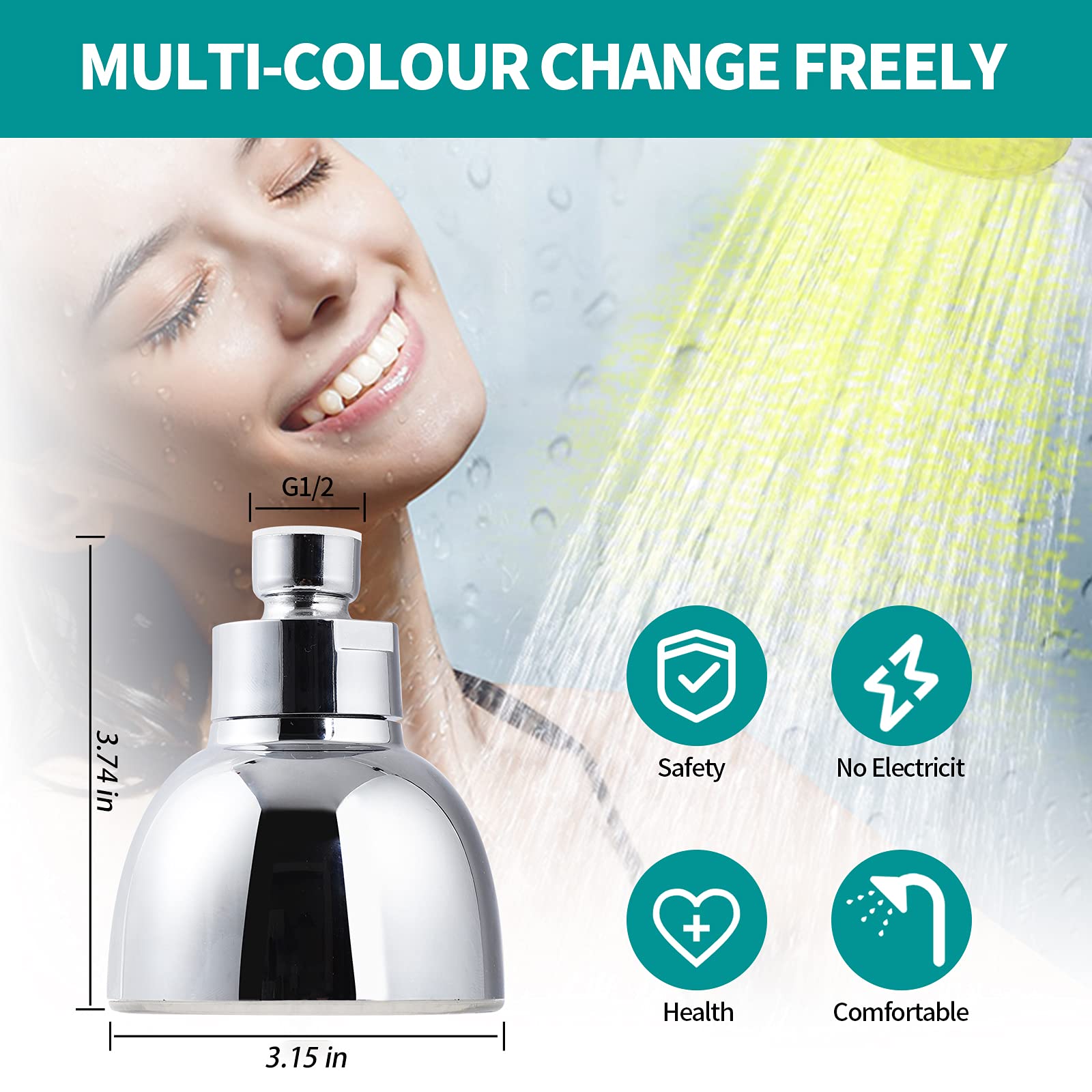 Cabezal de ducha LED, 7 luces de color cambian automáticamente el cabezal de ducha fijo para baño, instalación sin herramientas, ajustable, ultra silencioso de alta presión para niños y adultos