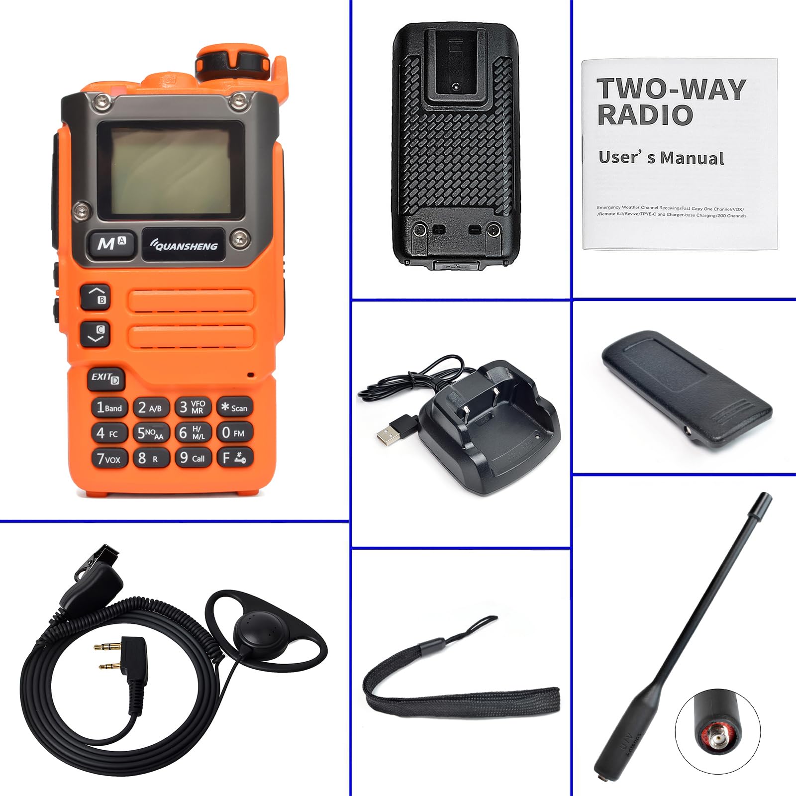 HYS Quansheng UV-K5(8) Walkie Talkie Radio bidirezionale ricaricabile a Lungo raggio (con auricolare Radio), funzione VOX a 200 canali, Luce LED incorporata