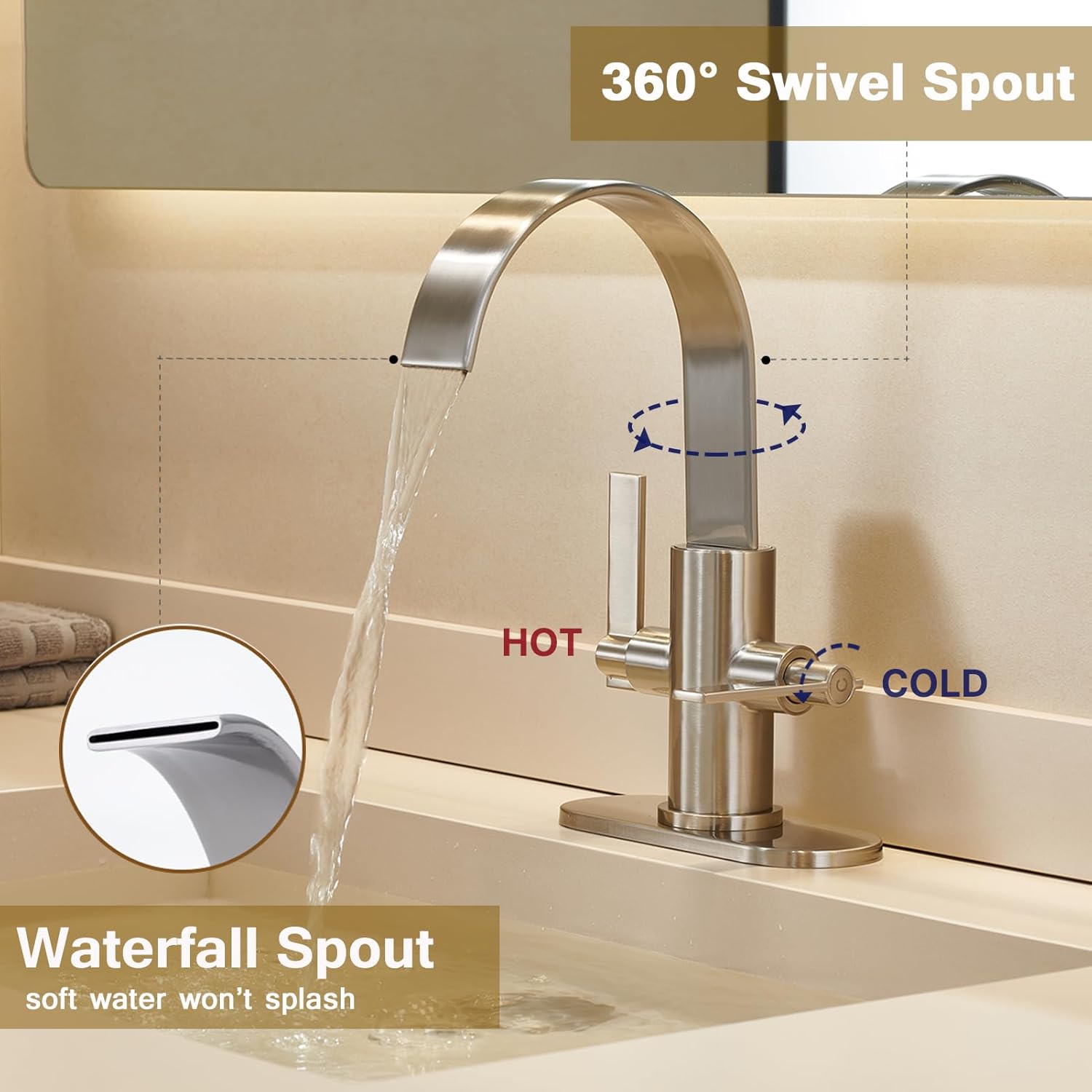 Brushed Nickel Bathroom Faucets，Bathroom Sink Faucet 3 Hole or 1 Hole,2 Handle Waterfall Faucet with Deck Plate，high-arc 360° Swivel spout for Vanity Sink with Metal Pop-Up Drain & Supply Lines - Image 3