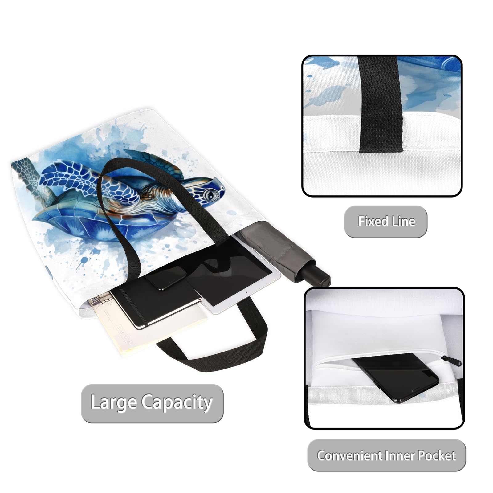 Mularoka Watercolor Turtle Large Capacity Canvas Tote Bag Stylish Handheld Shoulder Bag Reusable Shopping Bag for Work Travel Beach Trips Shopping