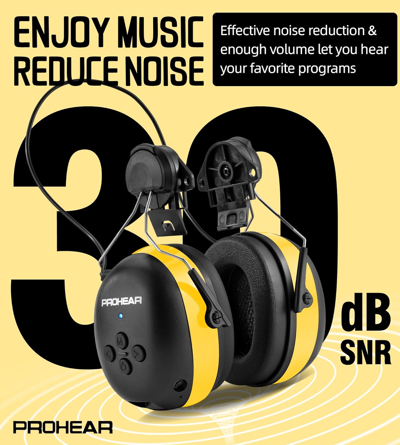 PROHEAR 037BR04 Bluetooth Hearing Protection Headphones - Noise Cancelling for 3M H-700/DEWALT Hard Hats, 40H Playtime (Yellow) - Construction Safety Gear & Lawn Mowing Ear Protection
