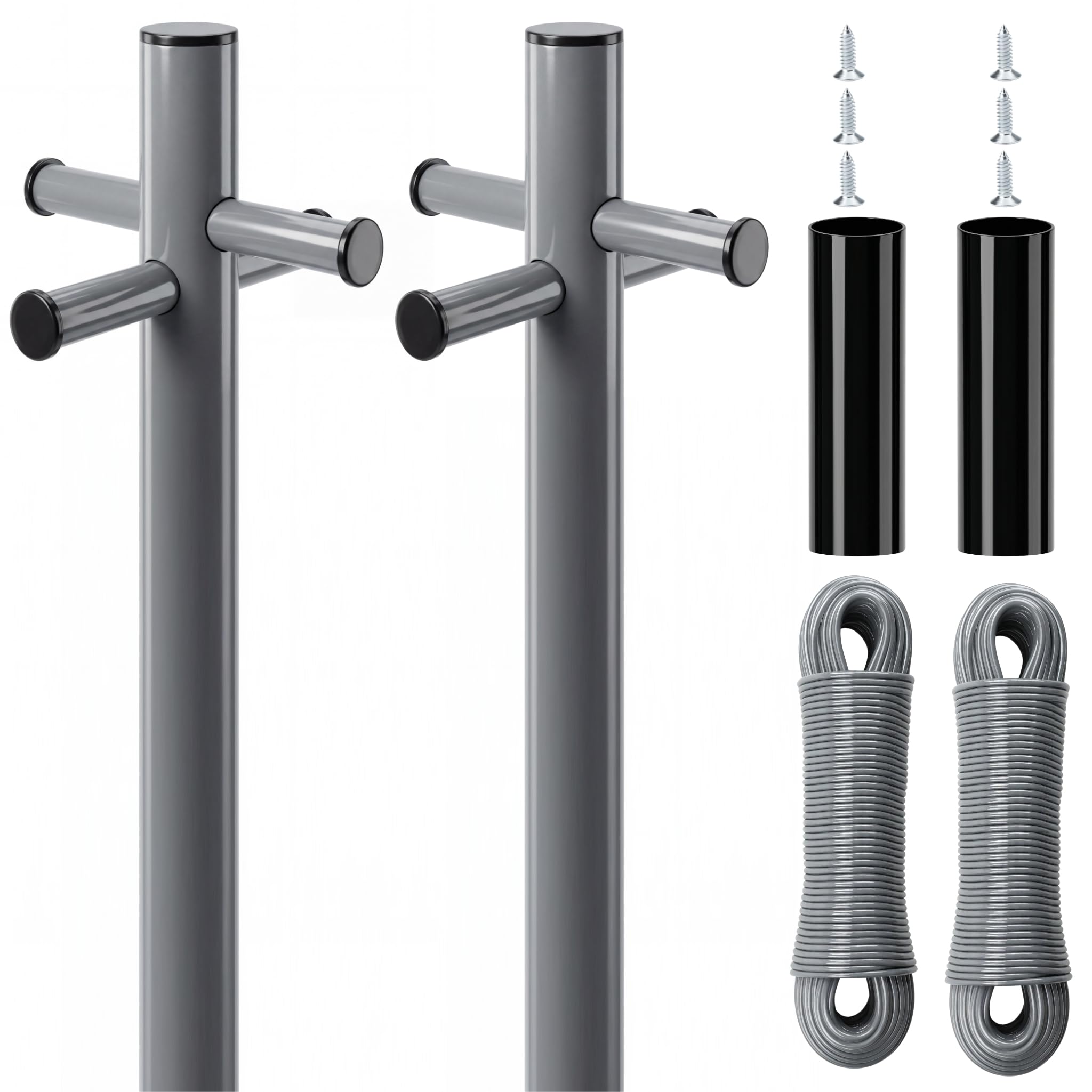 2.4M Heavy Duty Washing Line Post, Galvanised Clothes Drying Post with Ground Socket and 30M PVC Line, Weather-Resistant & Sturdy, Large Washing Line Post for Outdoor Garden Use - Grey, Pack of 2