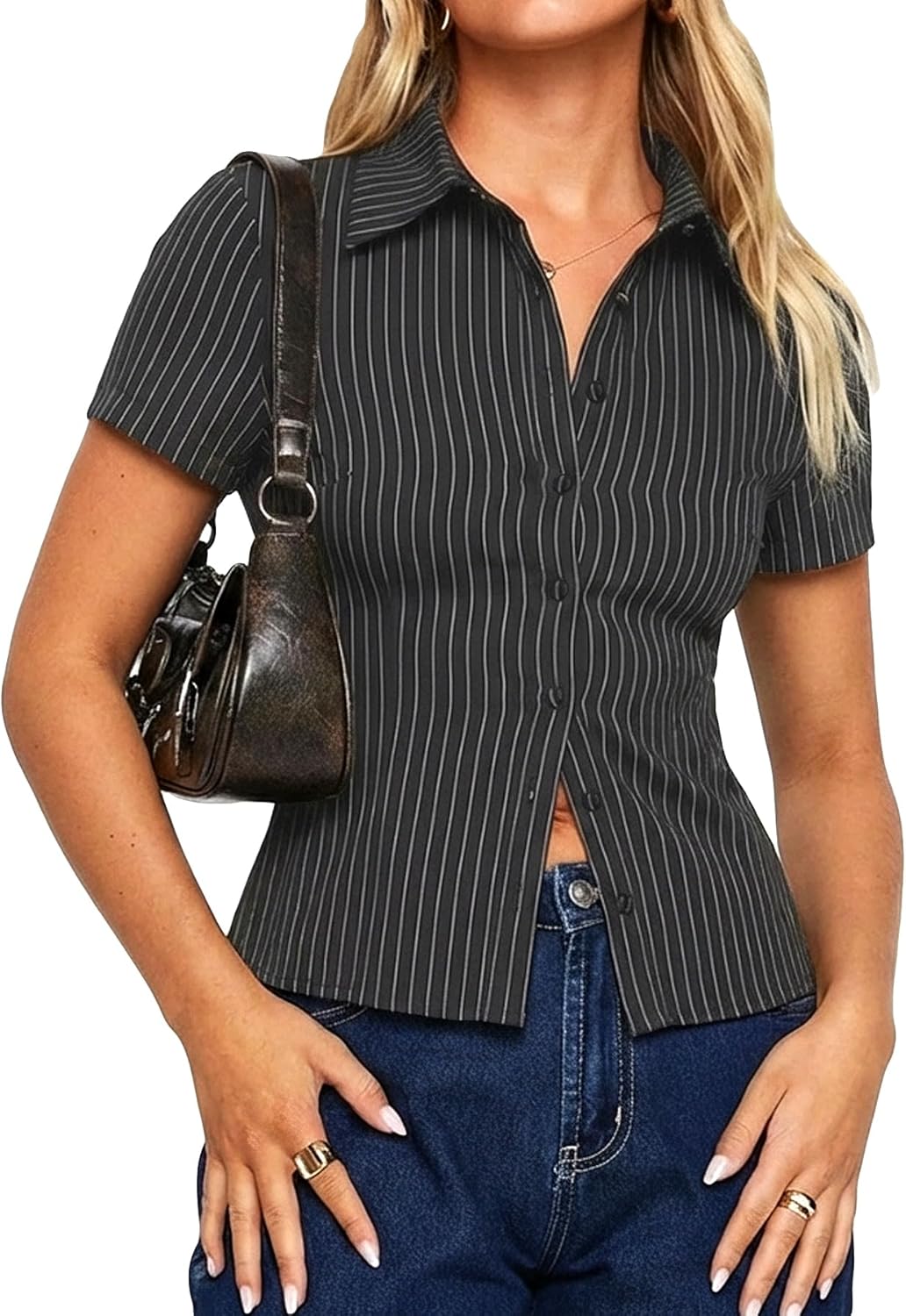 Womens Short Sleeve Striped Fitted Button Down Shirts Collared Office Work Blouse Tops