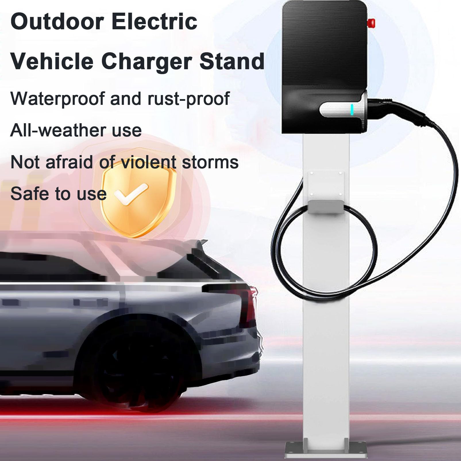 EV Charger Connector Pedestal Base - Electric Car Charging Station Stand with Cable Hook for Indoor and Outdoor Use - Organizer Charging Pillar and Holder