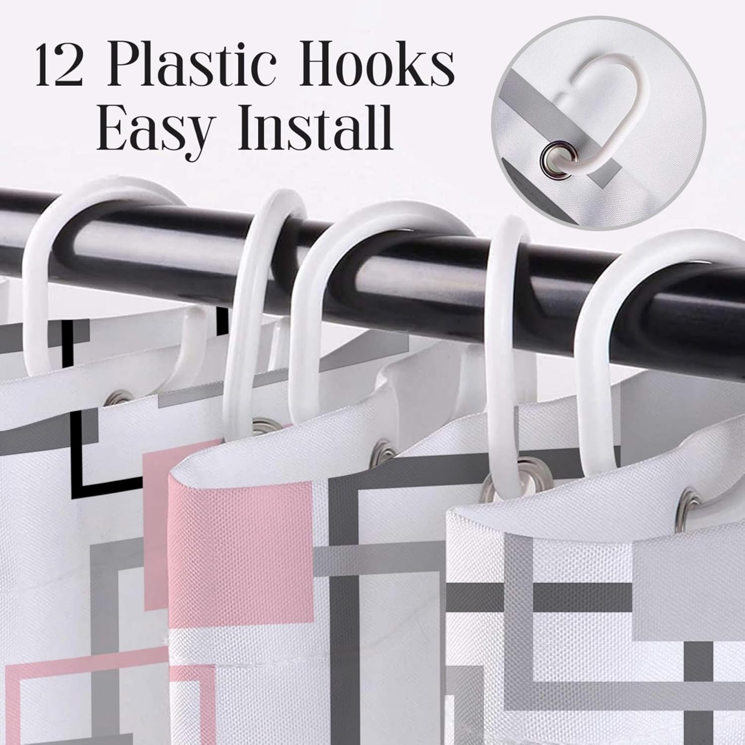 Pink Striped Shower Curtain for Bathroom, Pink and Gray Abstract Geometric Shower Curtain with Hooks Black White Minimalist Aesthetic Bathroom Shower Curtains, 72W X 78L Inch
