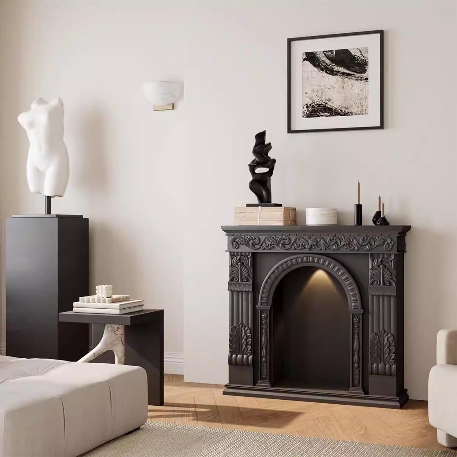 Fireplace Mantel Surround Ornate Carved Wood Fireplace Mantel with Arched Opening & Magnetic Light Classic(Black)