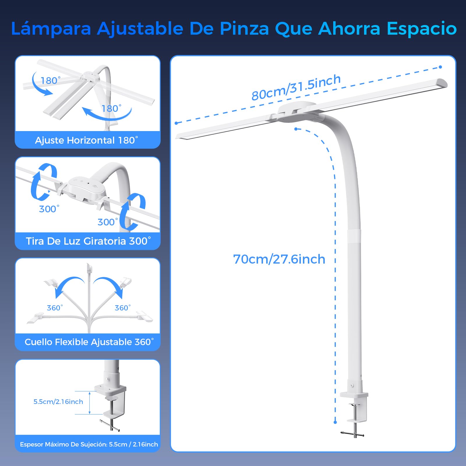 W01 Lampara de Escritorio de LED con Control Remoto - 24W 1400LM 80CM Flexo LED Escritorio con Pinza Luz Leer Puerto de carga USB para Estudiar, Oficina, Blanco