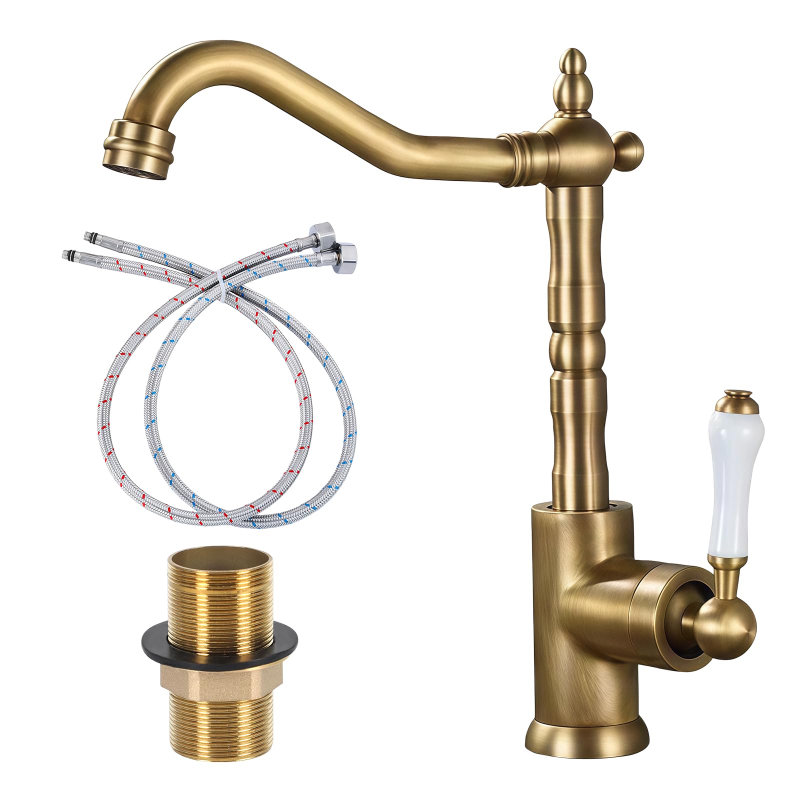 Kitchen Tap, Vintage Single Lever Kitchen Sink Mixer Tap with 360° Rotating Long Curves Spout, Brass Bathroom Basin Faucet with Ceramic Valve, Includes Hoses and Mounting Kit (Gold)