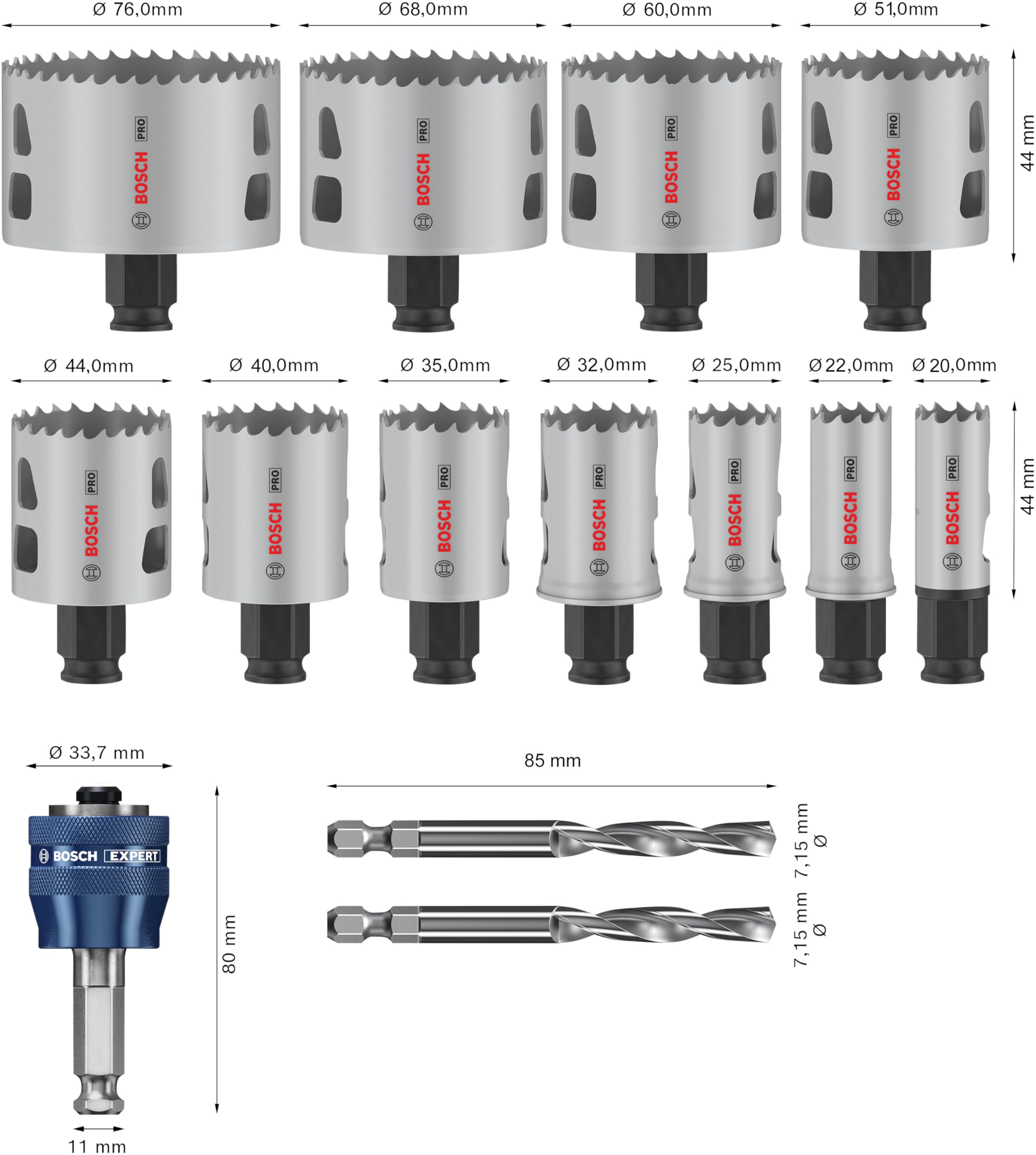 Bosch 14x PRO Multi Material Power Change Plus Lochsäge-Set – Transparentes Etui (für Weichholz, Trockenbauwand, Ø 20-76 mm, Professional Zubehör Bohrmaschine)