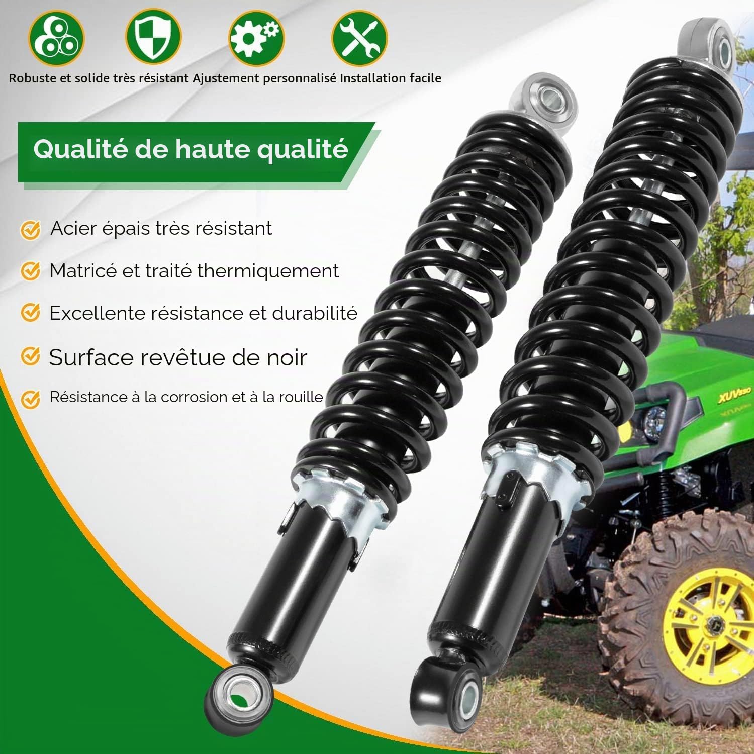 AM129514 Kit de suspension de roue avant d'amortisseur compatible avec John Deere Gator 4X2 6X4 TE TH TS TX Véhicules utilitaires de pelouse Amortisseur avant gauche et droit Ressort à vis