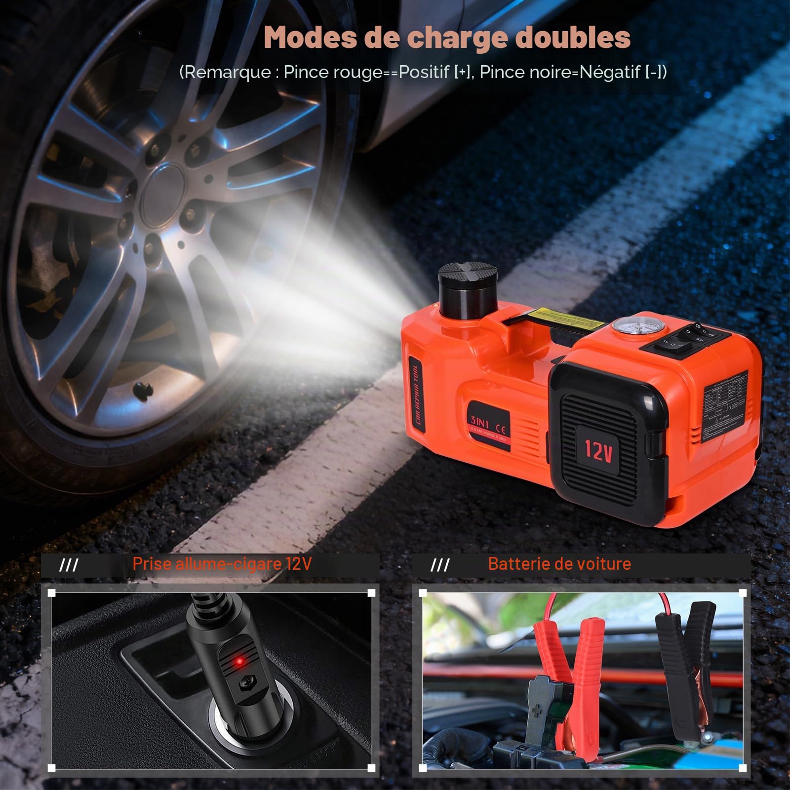 Cric hydraulique électrique avec visseuse à percussion, compresseur d'air et mallette de transport – Capacité 5 T, 150-530 mm, lumières LED, fonctionnement 12 V/CC pour le changement de pneus