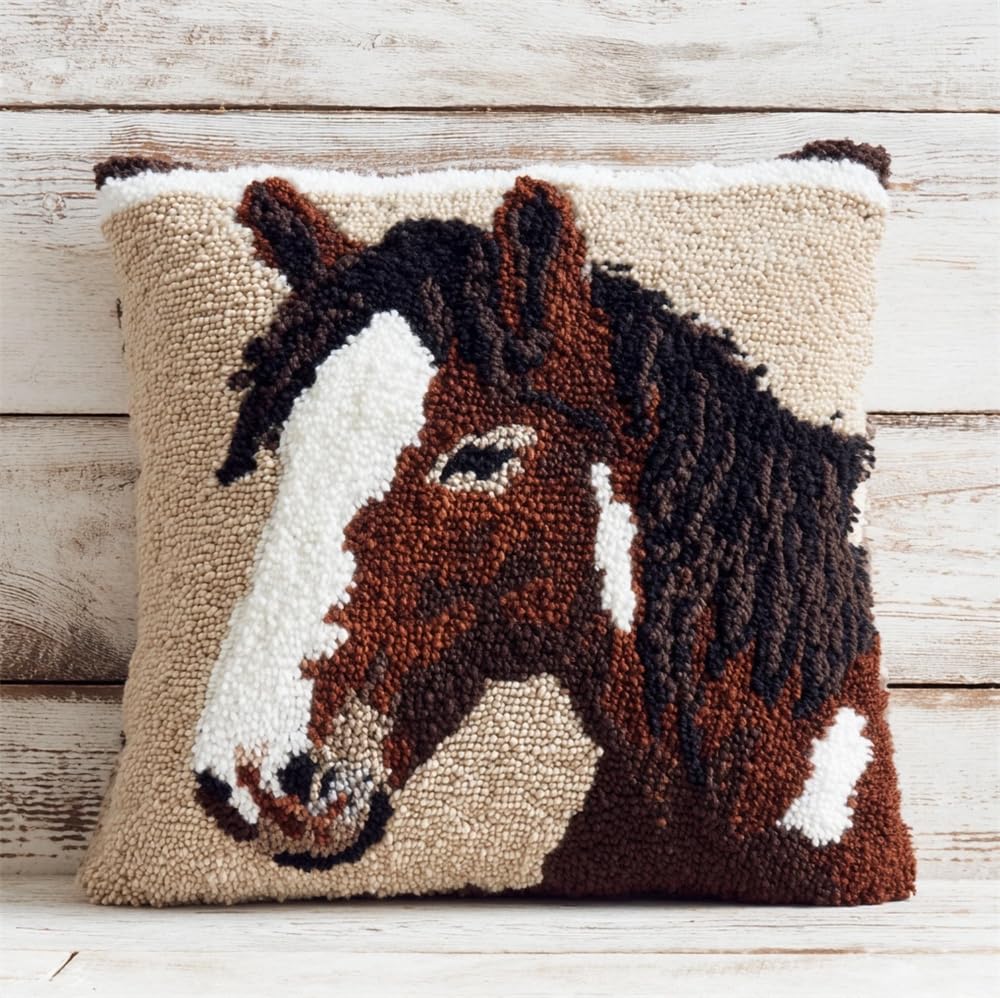 kitphoenix Latch Hook Kit Cushion for Adults,Horse in A Paddock