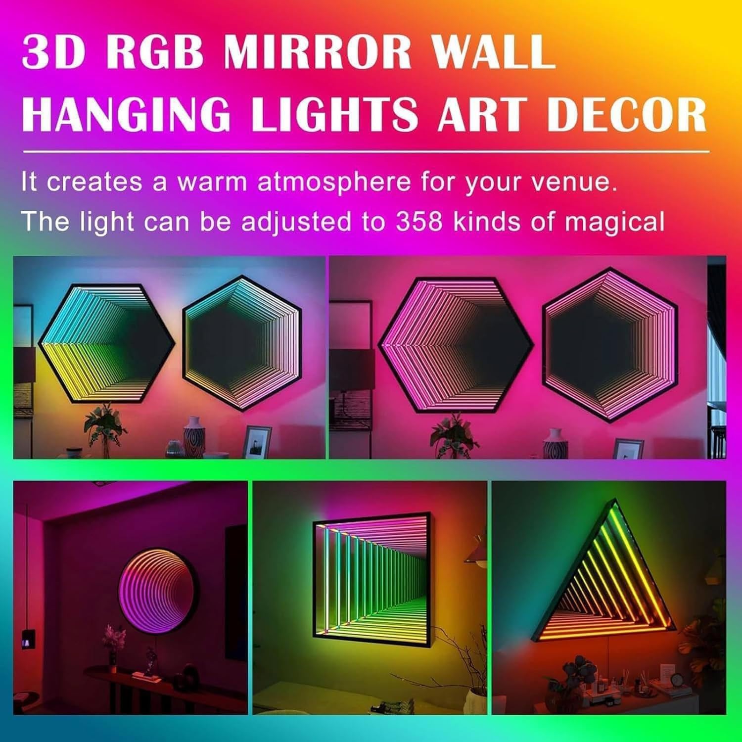 RGB Infinity Mirror Licht, Smart Farbwechsel LED Wanddekoration mit Fernbedienung & App, Dual-Funktion Spiegel und Ambient Light für Schlafzimmer Gaming-Zimmer Wohnzimmer Bar,C-50CM