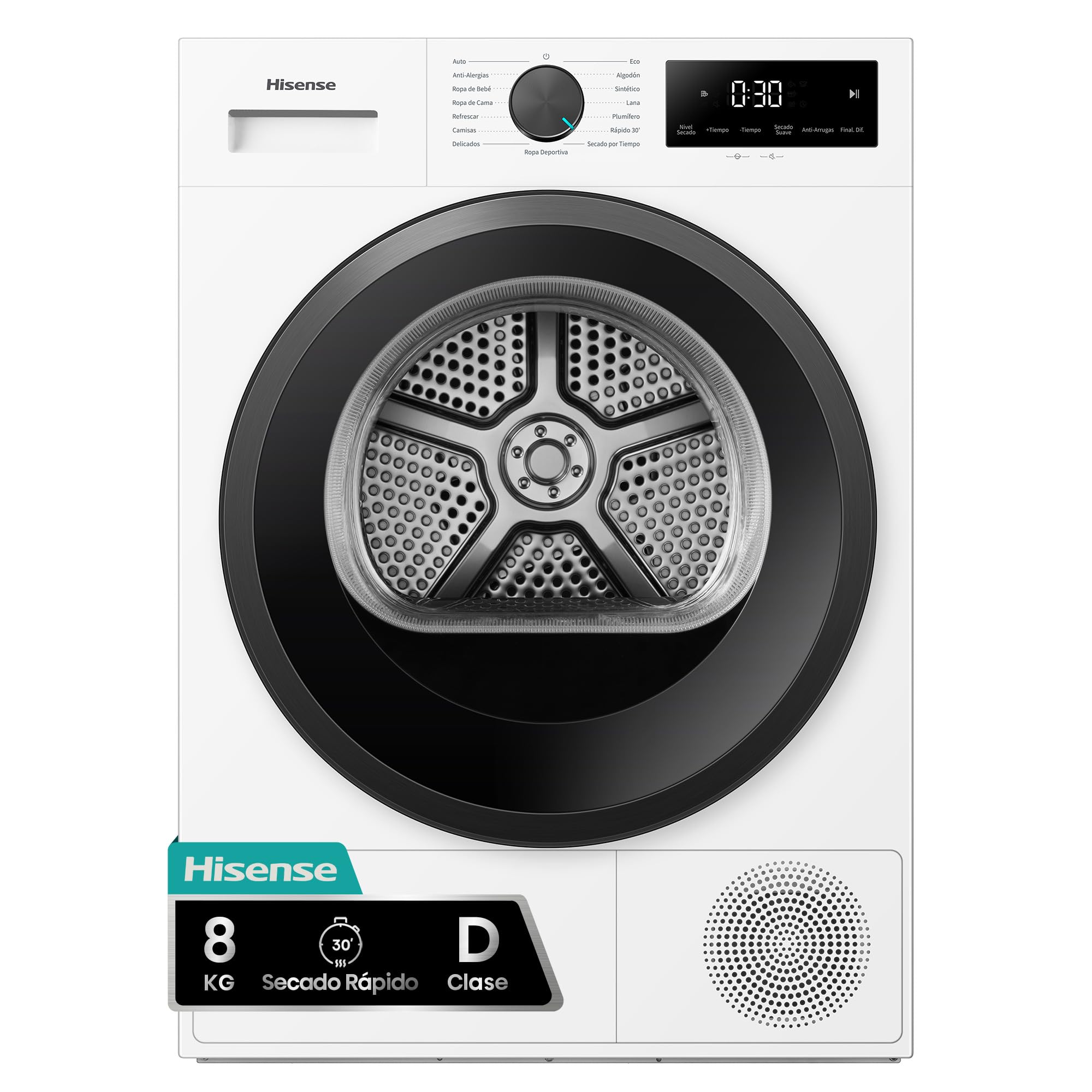 Hisense DH1I800UWDE - Secadora de Ropa 8Kg, Clase D, Secado Automático Auto Dry, Secado Rápido, Secado Delicado, Allergy Care, Filtro de Aroma, Puerta Antienredos, Blanco