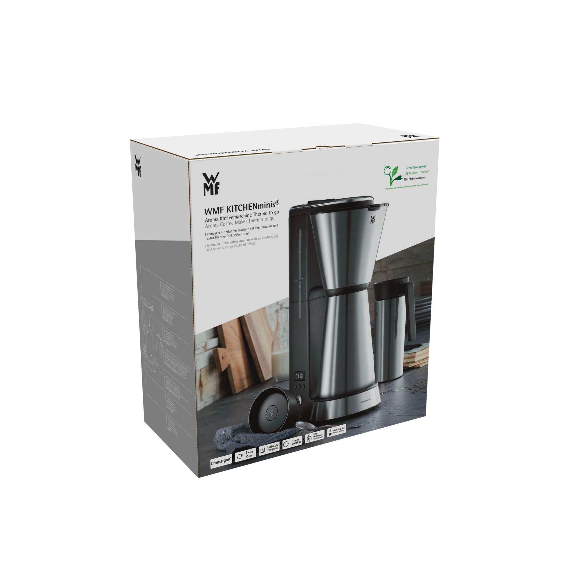WMF KitchenMinis Macchina da caffè Aroma Thermo to Go in Acciaio Inox 18/10 Cromargan, potenza 870 W, con filtro, caraffa termica 650 ml e thermos 350 ml, finitura satinata opaca