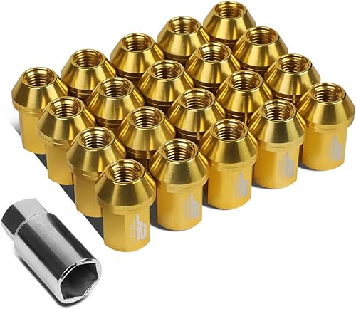 J2 Engineering Juego de 20 tuercas de aluminio 7075 con extremo cerrado M12 x 1.5 con adaptador de enchufe, dorado, ajuste cónico, LN-T7-006-15-GD