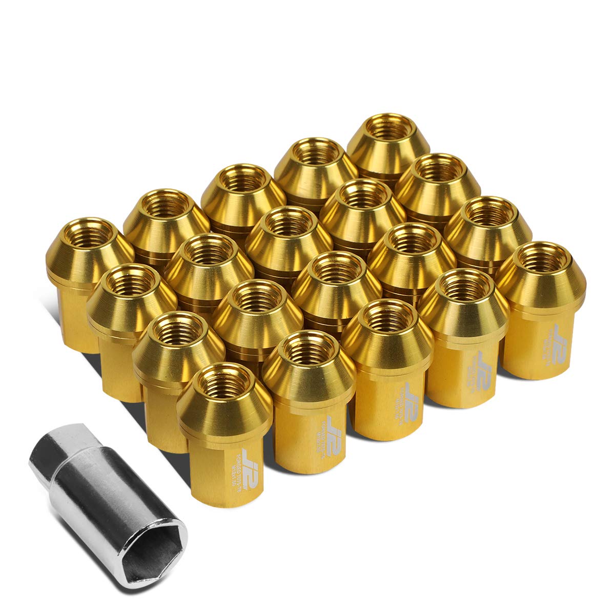J2 Engineering 20 Pcs 7075 Aluminum Closed End M12 x 1.5 Lug Nuts Set w/Socket Adapter, Golden, Fit Conical Seat, LN-T7-006-15-GD