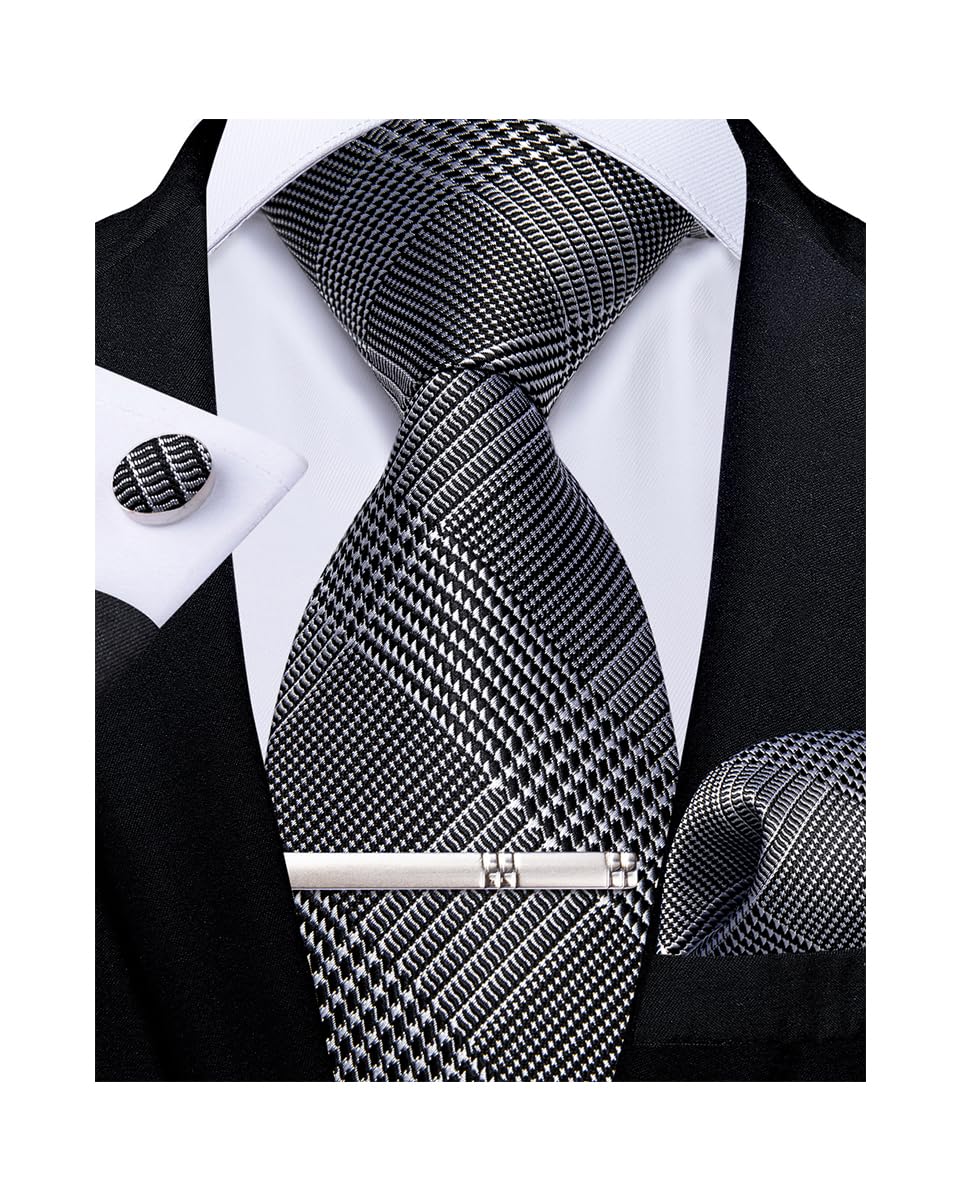 DiBanGu Conjunto de corbata de seda a rayas para hombre, corbata a cuadros con pañuelo de bolsillo, gemelos y clip de corbata para boda formal, Negro Verificado, Talla única
