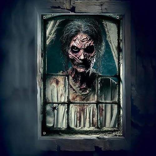 Miniatura 6 de Pancarta de ventana de Halloween de 31 x 47 pulgadas, cubierta de ventana embrujada, fantasma podrido mirando a través de ventanas viejas y sucias,