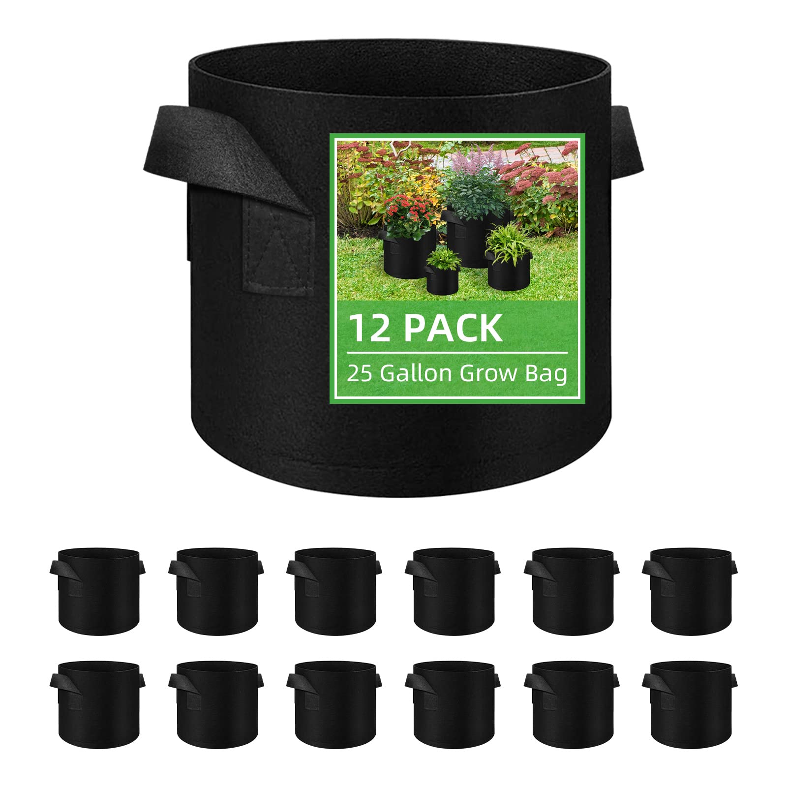 12 Stück Gemüse-Pflanzbeutel, Gartenpflanzen-Wachstumsbeutel, atmungsaktiver Vliesstoff, Pflanztöpfe mit Griffen, für Innen- und Außenbereich, für Gemüse/Blumen/Pflanzen/Obst, 25 Gallonen (schwarz)