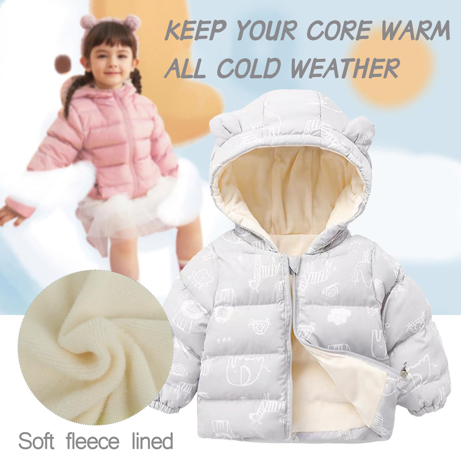 SEAUR Toddler Hooded Down Jacket Baby Boys Girls Winter Coats Lightweight Warm Infant Kids Puffer Outwear Grey 6-12M