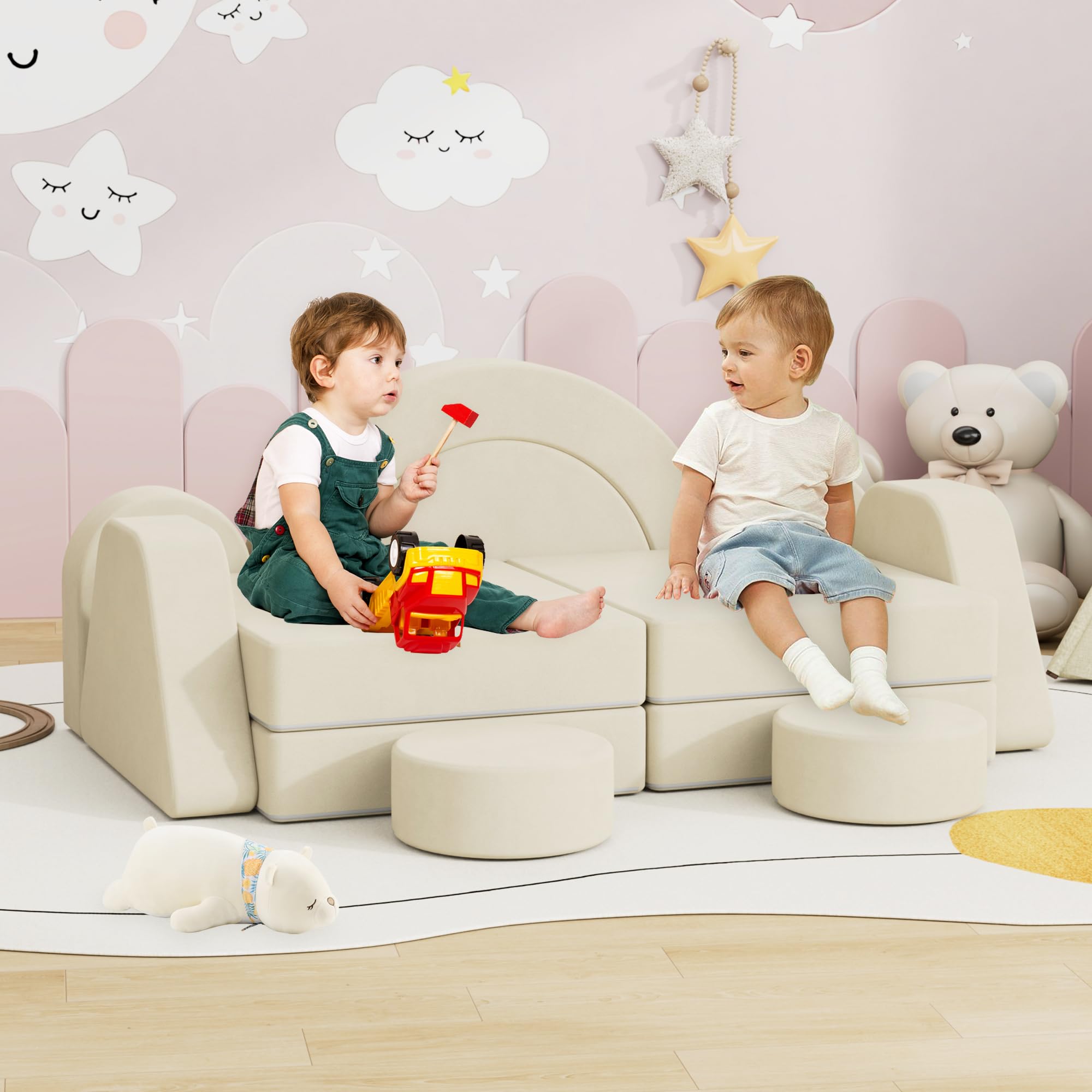 NACHES Spielsofa für Kinder, Modulares Kindersofa aus Schaumstoff, Kord, Kindercouch waschbar, Schlafsofa für Kinderzimmer (Beige, 2-Sitzer)