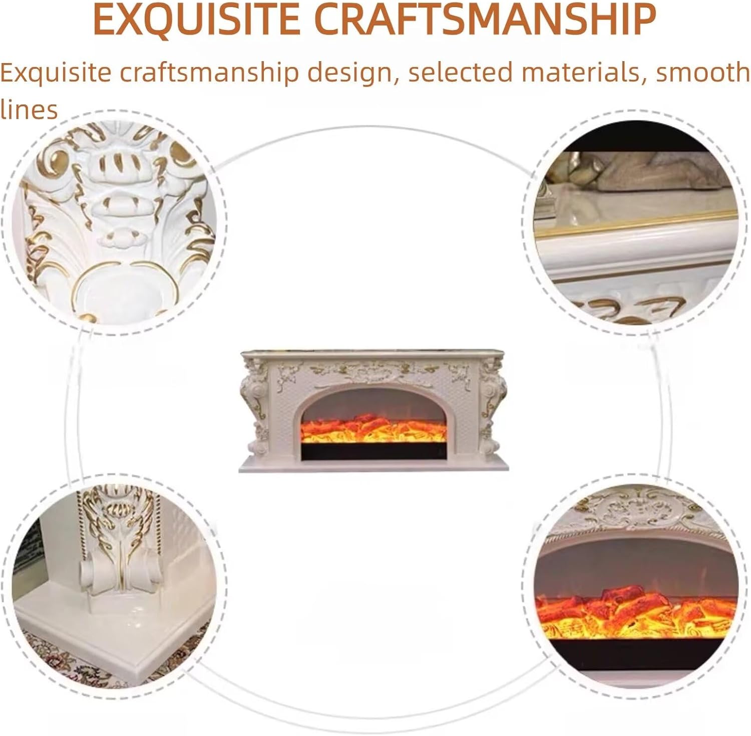 Electric Fireplace - Indoor Electric Fireplace with Mantel Includes 3D Texture, Freestanding TV Stand with White Luxury Arched Frame for Living Room