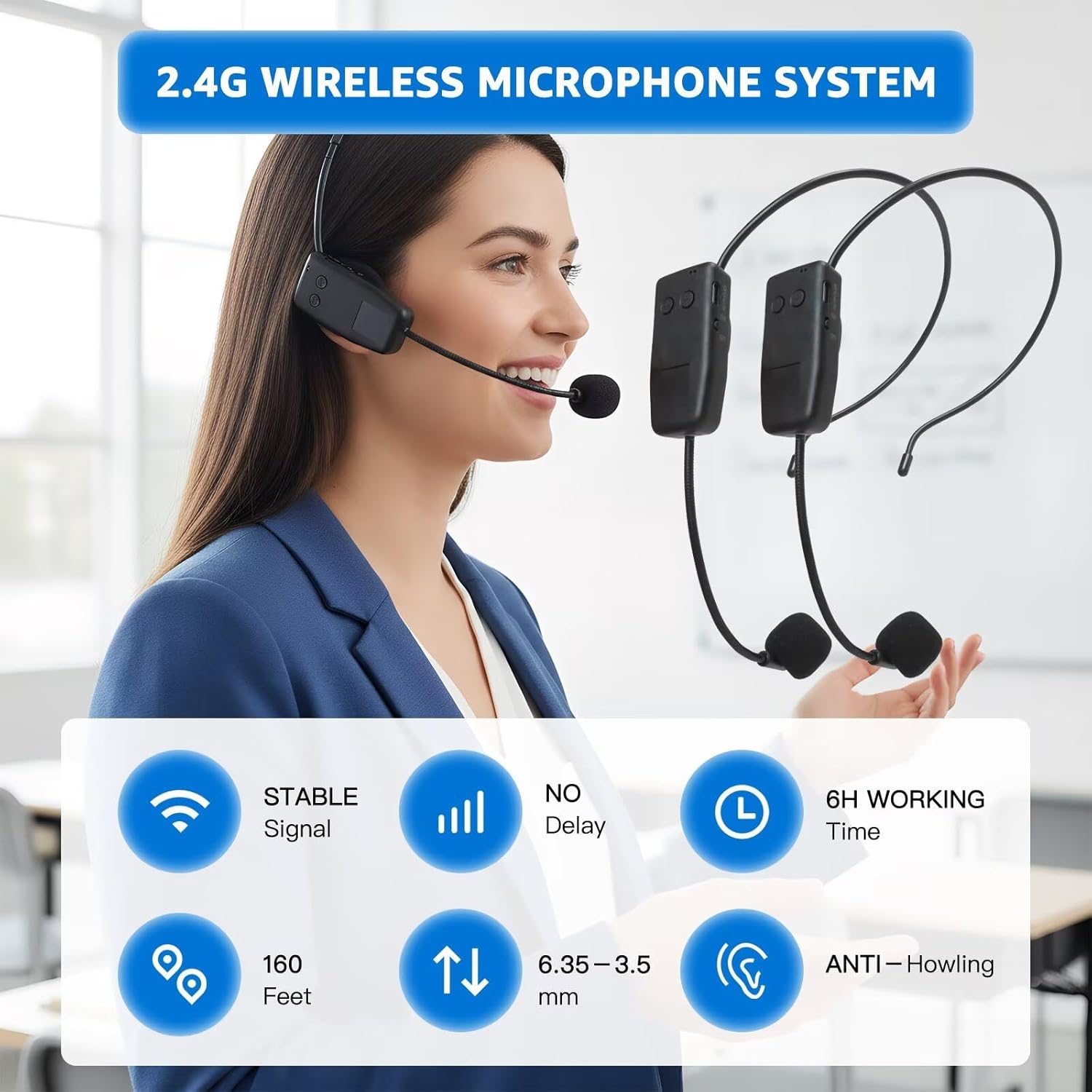 Wireless Microphone Headset Double Professional, Cordless Mic Head for Two People, Heads Handheld Mics 2 in 1 for PA System, Voice Amplifier,Teaching,Fitness
