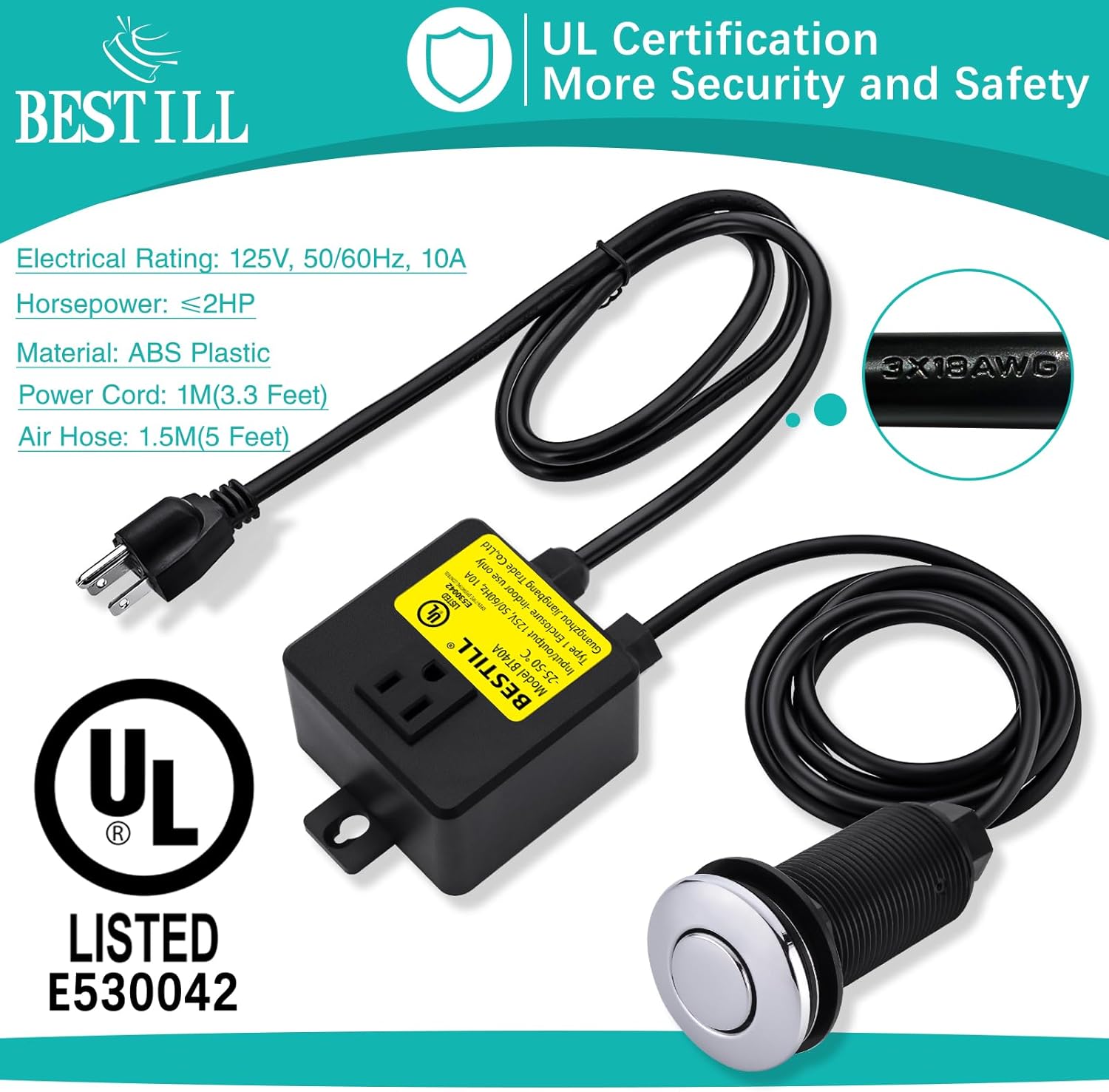 BESTILL Air Switch Kit for Garbage Disposal, UL Listed, Sink Top Long Button with Brass Cover, Chrome, Brushed Nickel