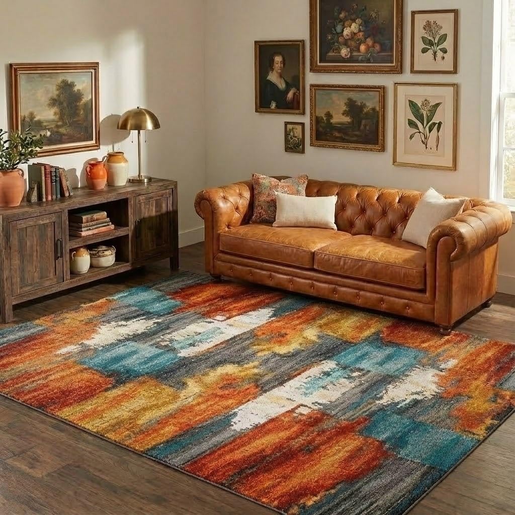 5x7 Area Rug for Living Room,Modern Abstract Burnt Orange Rug,Terracotta and Teal Brushstroke,Washable Rug,Non Slip, Bedroom, Dining Room, Home Office