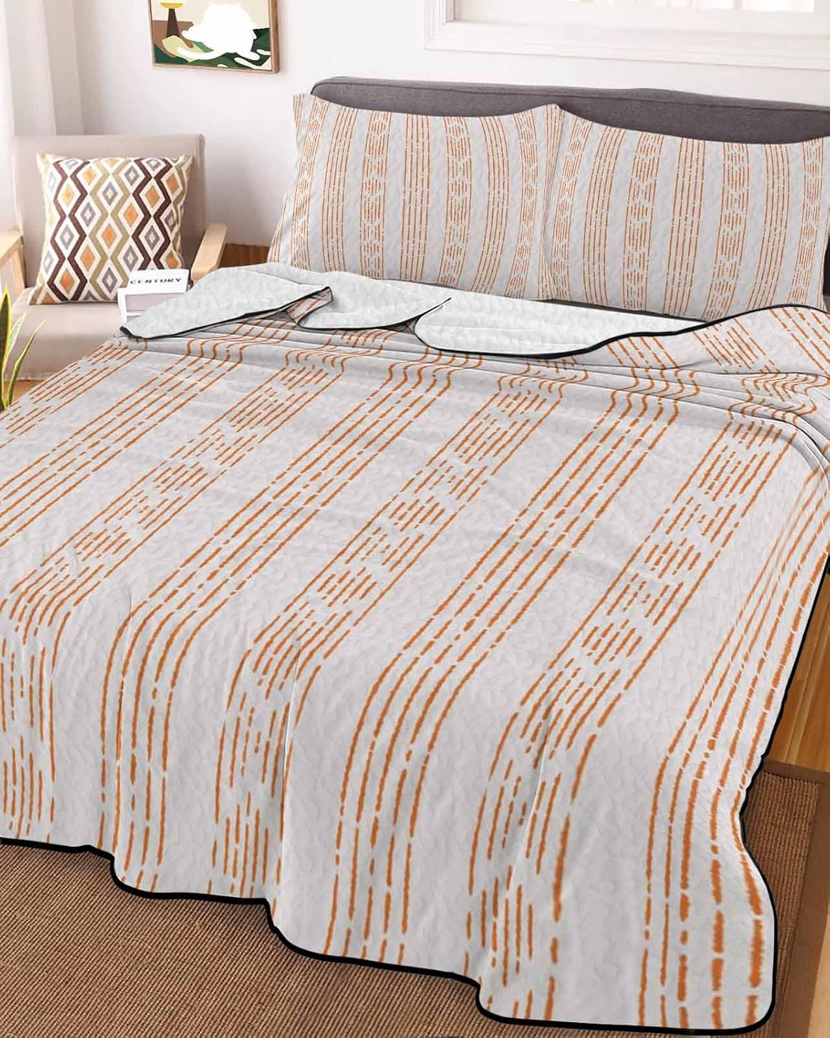 Queen Size Quilt Set, Vintage Bohemian Stripes Lightweight Bedspread Coverlet Set Soft Microfiber Summer Quilt with 2 Pillow Shams, Orange and Grey 3 Piece Comforter Bedding Set