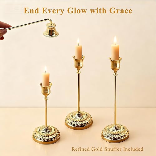 Miniatura 5 de BEAHOT Juego de 6 portavelas cónicos de metal dorado, elegantes portavelas antideslizantes decorativos con apagador de velas a juego, para centro de