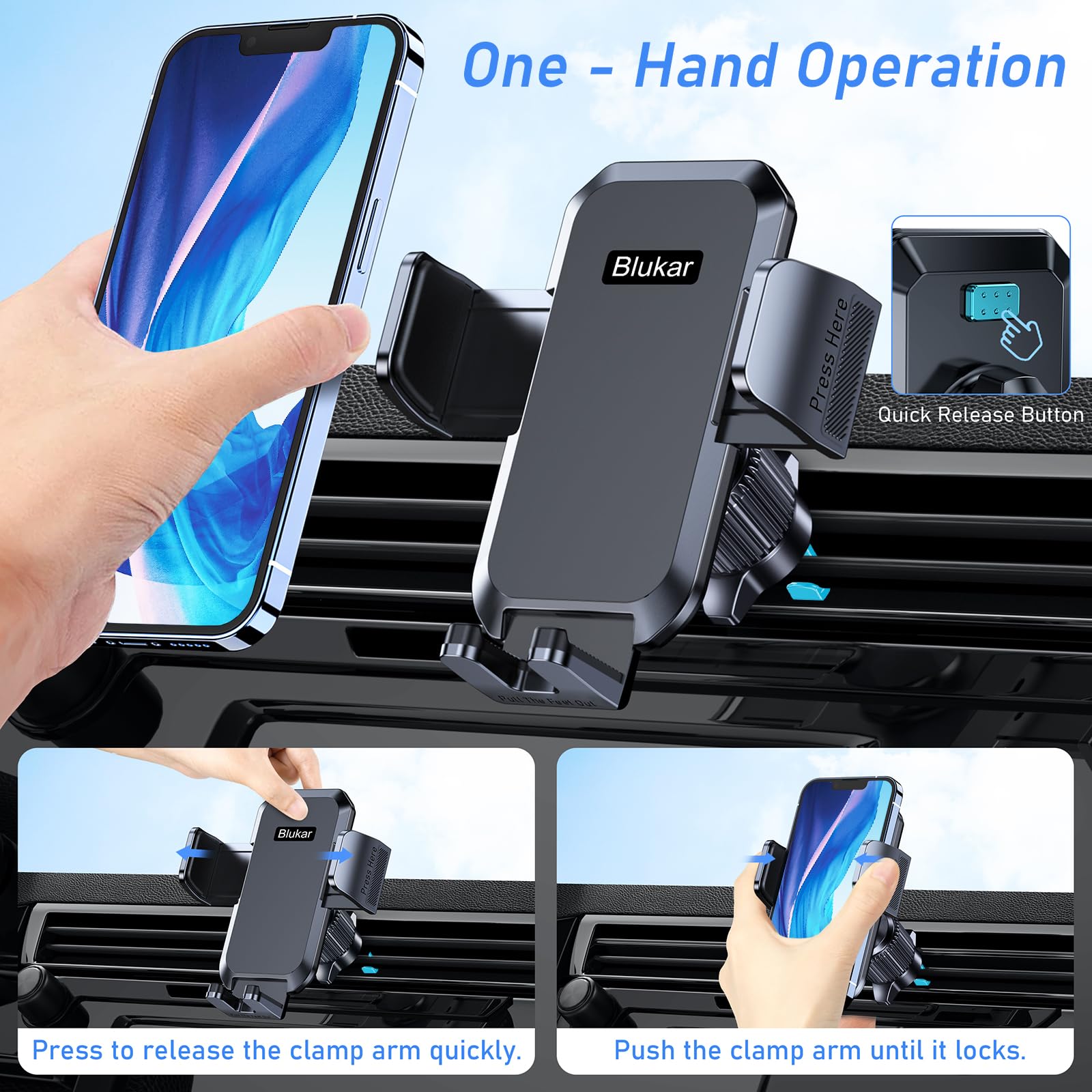 Blukar Support Téléphone Voiture, Support Grille d'aération Porte Téléphone Voiture Ventilation [Clip Amélioré&Rotation 360°& Un Bouton de Libération] Compatible avec Smartphone/GPS 4,0''-7,0''