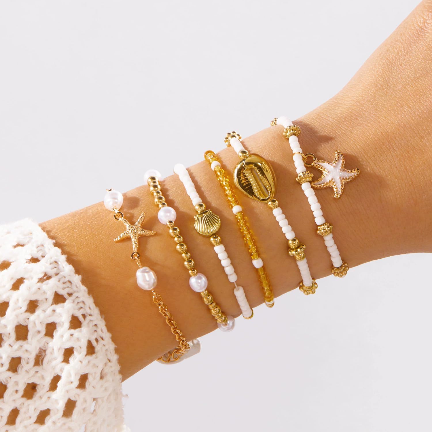 Boho Beach Summer Plumeria Starfish Shell Beaded Bracelet Colorful Plumeria Charms Seashell Wristlets Set for Women Bohemian Vacation Bracelet Gift image 2