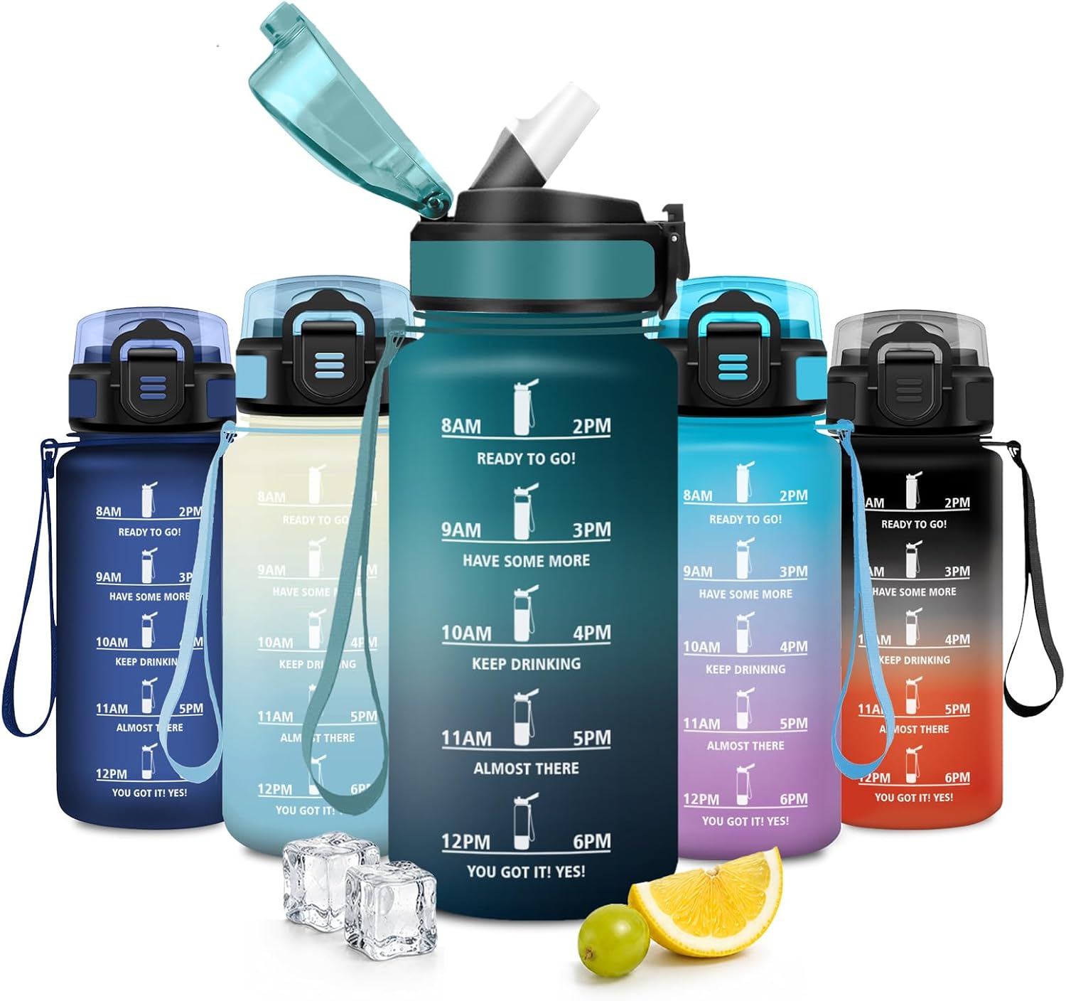 Gourde 500ml avec Paille, Gourde avec Marqueur de Temps, Motivation, sans BPA, Anti Fuite, Facile à Nettoyer, Réutilisable, Bouteille D'eau pour École, Bureau, Randonnée