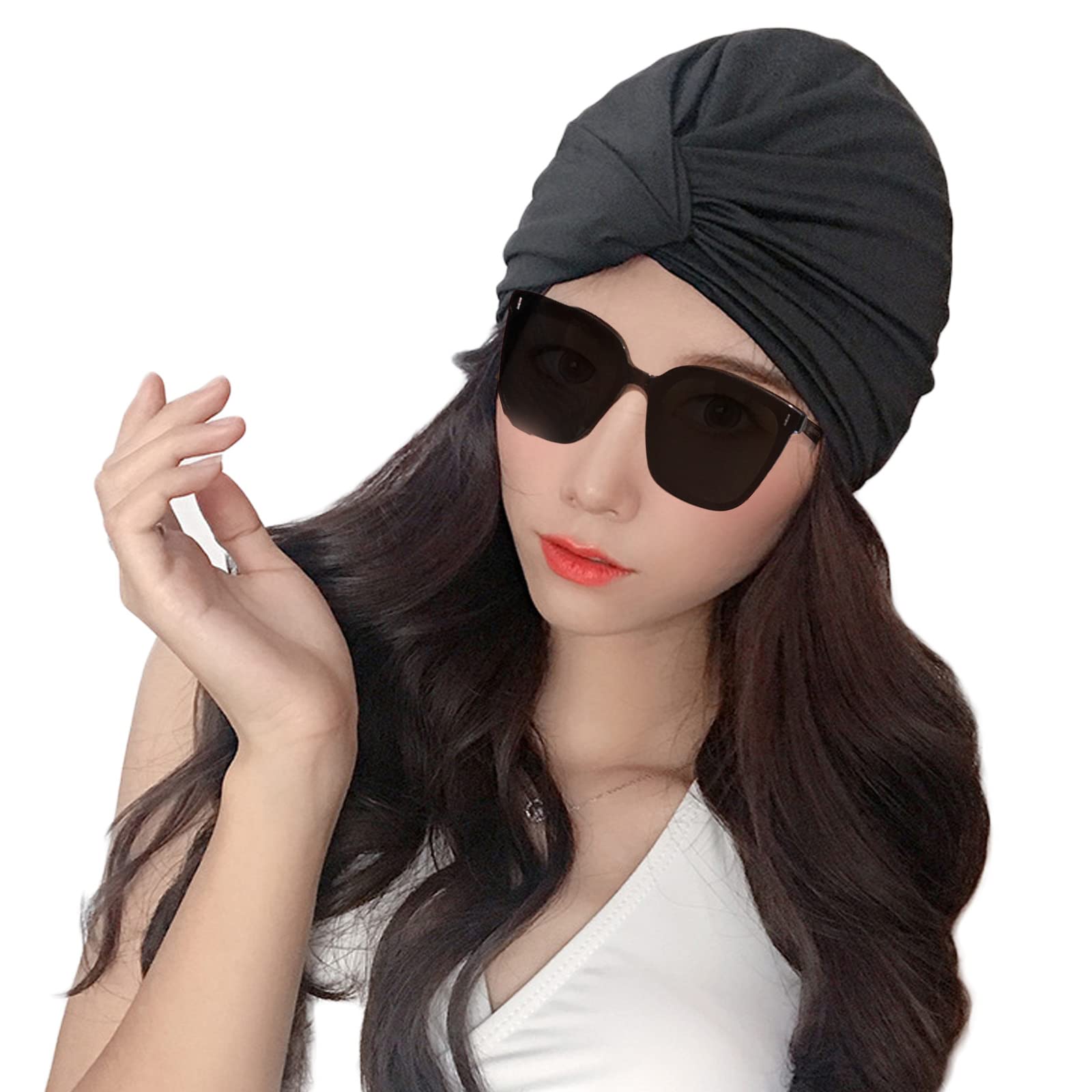 Lopsity Womens Swim Cap Bathing Cap Turban Long Short Hair Pleated Knotted Swimming Cap Soft Beanie Cap for Women Girls (Black)
