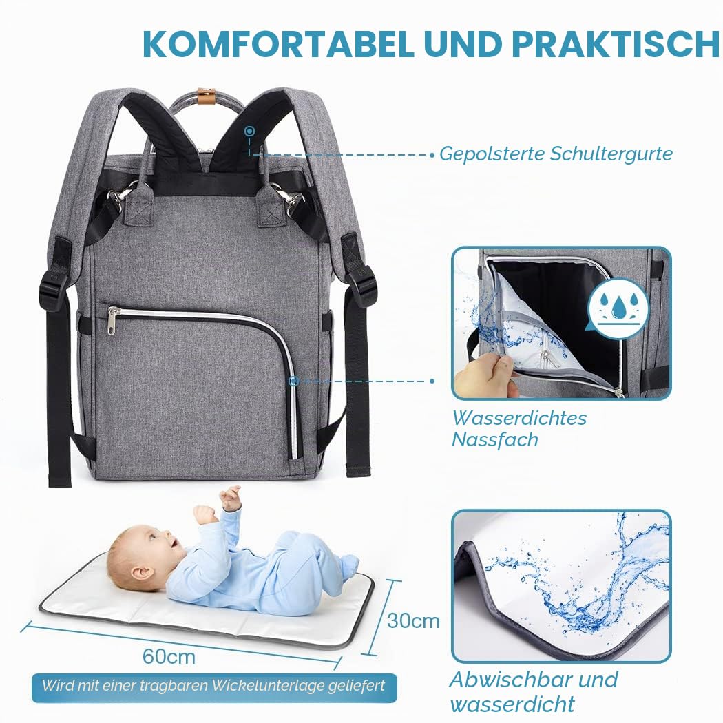 Lekebaby Baby Wickelrucksack Wickeltasche mit Wickelunterlage Multifunktional Große Kapazität Babytasche Reisetasche für Unterwegs, Grau