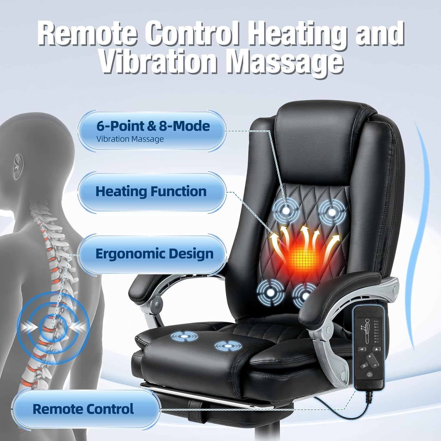 Massage Office Chair with Foot Rest - Ergonomic Executive Chair, High Back Reclining Leather Desk Chair with 135° Recline, 400 LBS, 6-Point Vibration and Heat, Classic