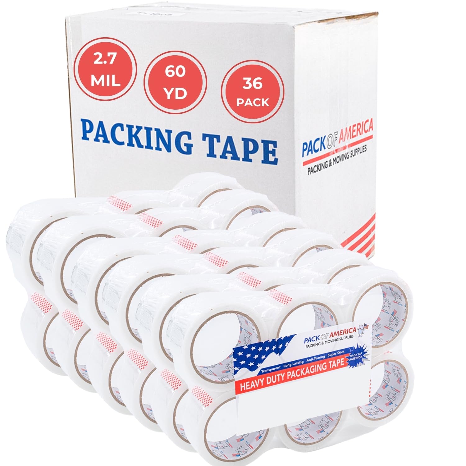 Pack of America Packing Tape, 36 Rolls 60yd (180 feet) 2.7 mil Thick 1.88" Width, Ultra Strong Refill for Packaging Shipping Storage Carton Box Sealing, Industrial Heavy Duty Moving Supplies, Clear