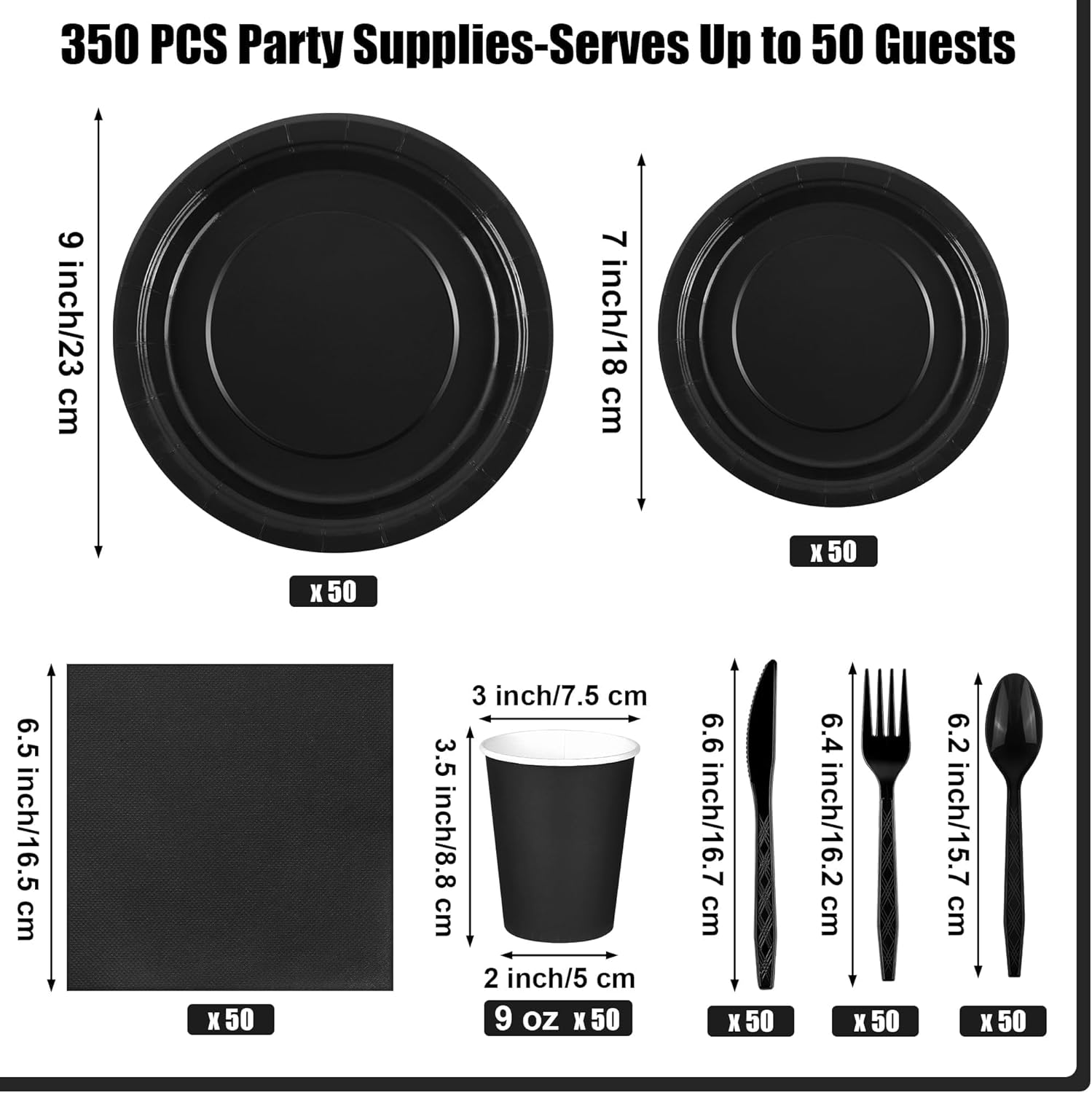 Kochorie 350 Pieces Black Dinnerware Set, 7 & 9 inch Dessert Paper Plates Cups Napkins Plastic Cutlery Disposable Party Supplies for Birthday Baby Shower Wedding, Serve 50 Guests