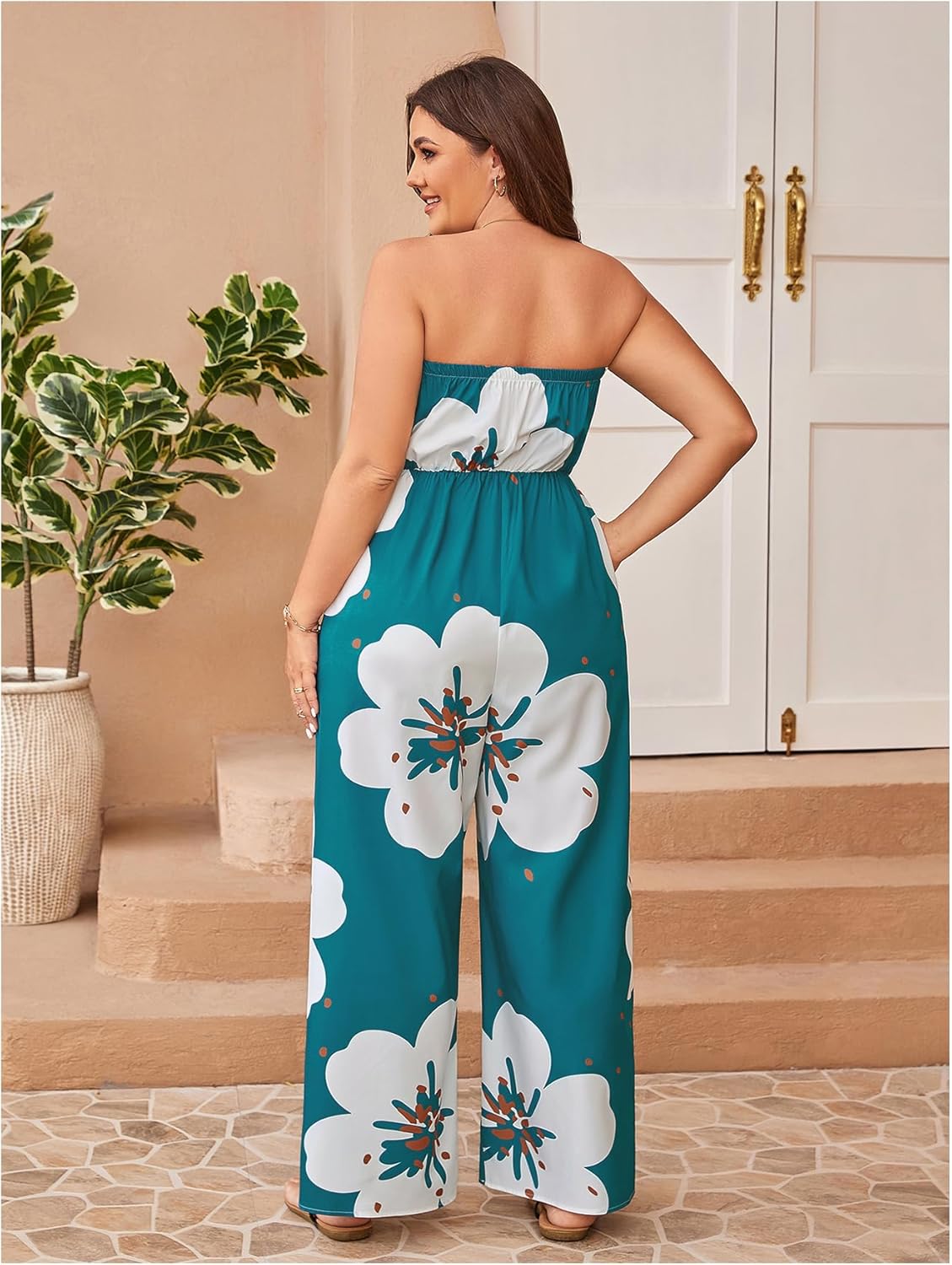 OYOANGLE Women's Plus Size Jumpsuit Floral Print Strapless Romper Summer Off Shoulder Vacation Outfit - Image 2